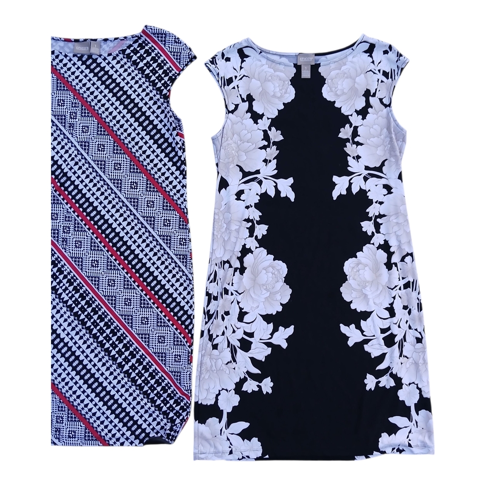 5 Chico’s Dress Sleeveless Slinky Midi Short Iona Casual Allover Print Vibrant 1 - Picture 11 of 16